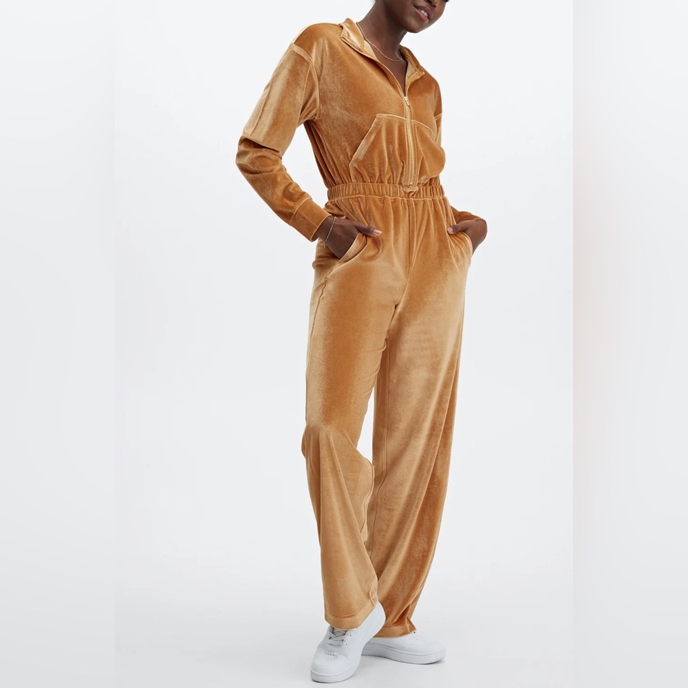 Fabletics Velour zip up wide leg onesie jumpsuit women’s size large gold